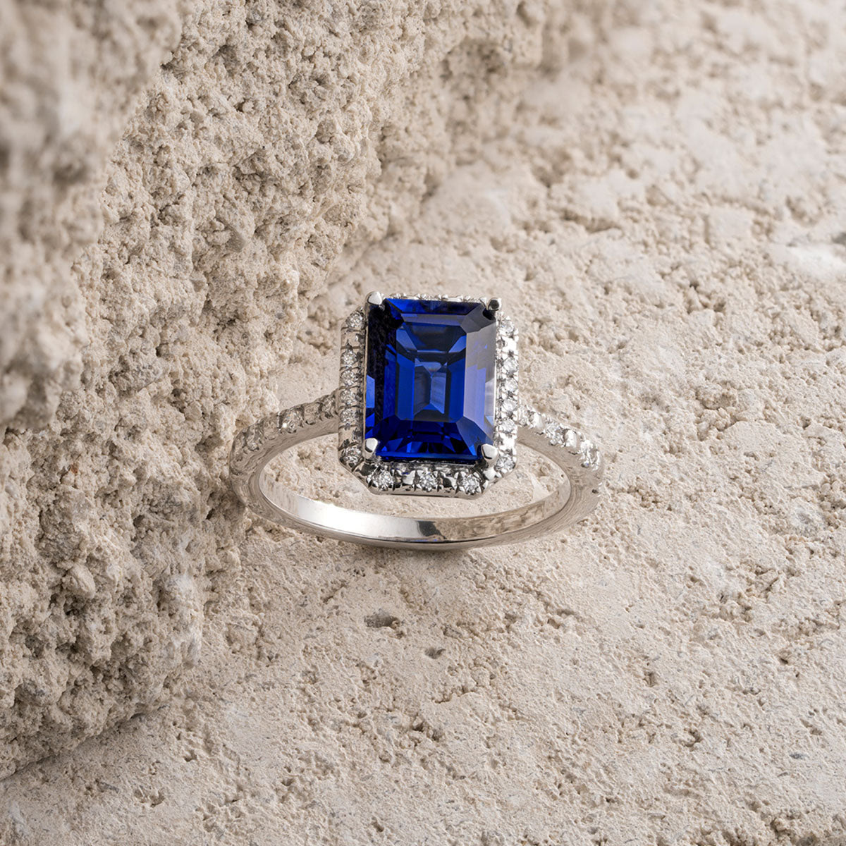 Astra 1.90ct Lab Sapphire Halo Shoulder Set Octagon Cut Ring in Silver